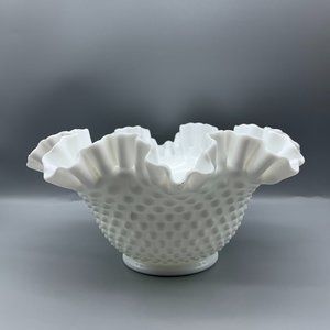 RARE Fenton White Milk Glass Hobnail Bowl Ruffled Edge Crimped Art Glass